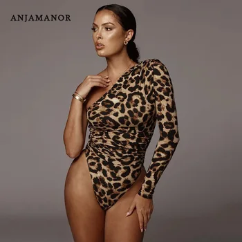 

ANJAMANOR Sexy Leopard Print Backless One Shoulder Long Sleeve Bodysuit Club Party Tops Fall Winter Womens Bodysuits D92-H91