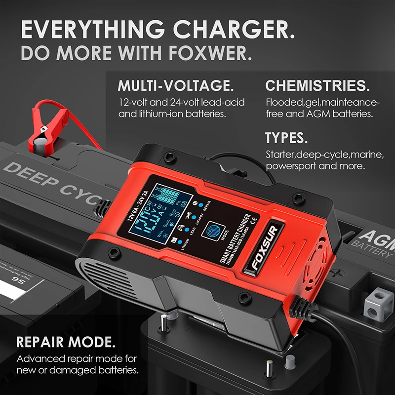Truck Battery Charger Heavy Duty , FOXSUR 12V 6A 24V 3A Car Smart Battery Charger Fast Charge AGM LiFePO4 Lead-Acid Battery