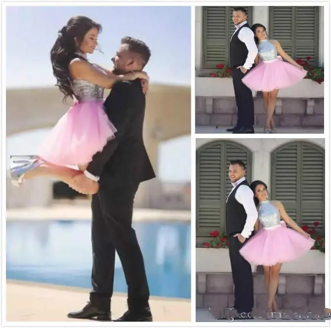 Sparkling Pink Prom Dresses A Line Short Sequined Party Dress Cheap Tutu Skirt Zipper Back Formal Dresses Evening Wear Homecoming Gown