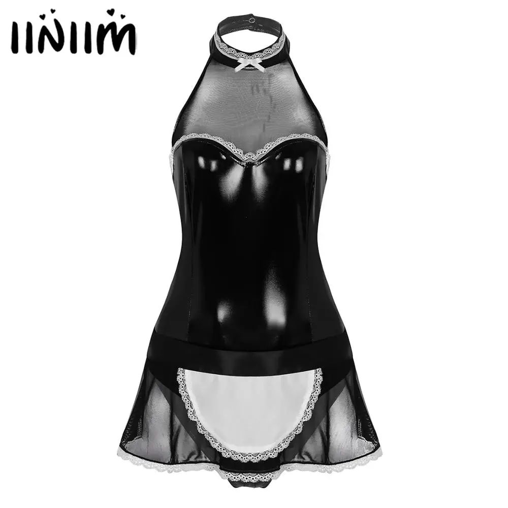 Iiniim, женская сексуальная клубная одежда, кожа, костюм горничной для косплея, боди на бретелях с фартуком, костюм горничной, сексуальные костюмы для ночного клуба