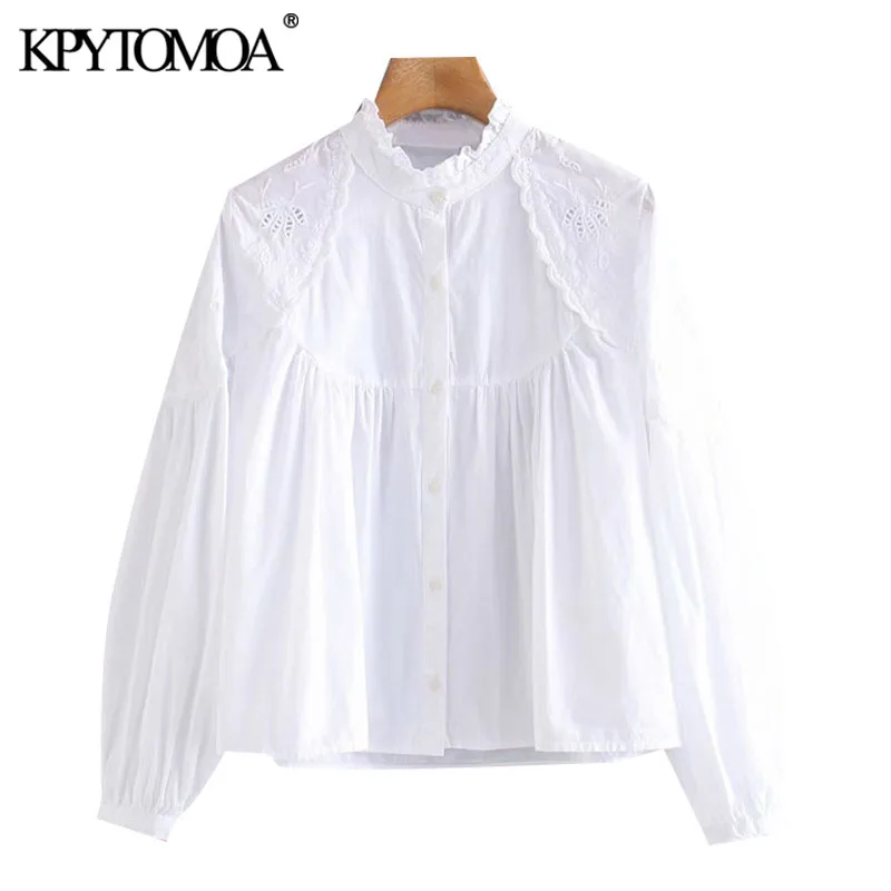 KPYTOMOA Women 2020 Fashion With Ruffle Trim Embroidery Blouses Vintage High Collar Lantern Sleeve Female Shirts Chic Tops KPYTOMOA Women 2020 Fashion With Ruffle Trim Embroidery Blouses Vintage High Collar Lantern Sleeve Female Shirts Chic Tops