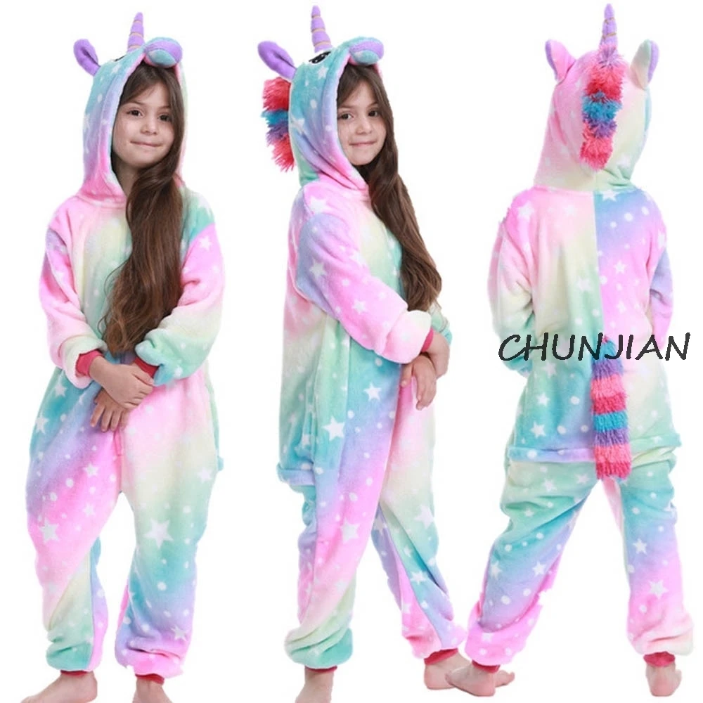 2020 Winter Flannel Toddler Girls Warm Pajamas Boys Animal Cosplay Costume Pijamas Rainbow Unicorn Pyjamas Kids for 4-12 Years