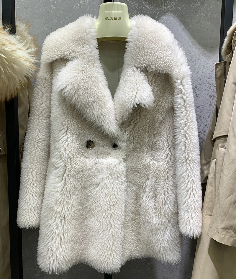 Rf2013 однокнопочный настоящий стриженый овечий мех куртка женская простая Desgin длинный рукав натуральная кожа овечья шерсть пальто - Цвет: Белый