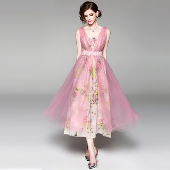 

V-neck Floral Print Lace Mesh Two Piece Dress for Women Lace Sashes Slim Pink Elegant Party Dress Womens Clothing