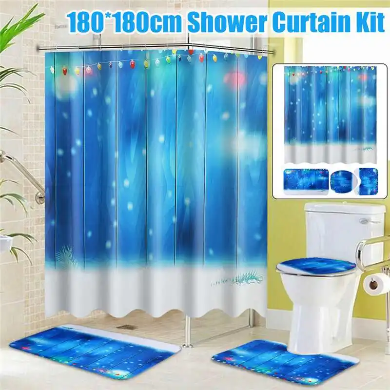 180x180cm Christmas Bell Shower Curtain Set Durable Waterproof Bathing Floor Mat Set With 12 Hooks for Home Bathroom Decoration