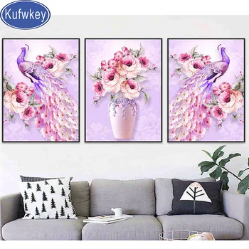 

3 Piece Diamond embroidery Pink peacocks Flower 5d DIY diamond painting Animal full drill Wall Picture For Living Room decoratio