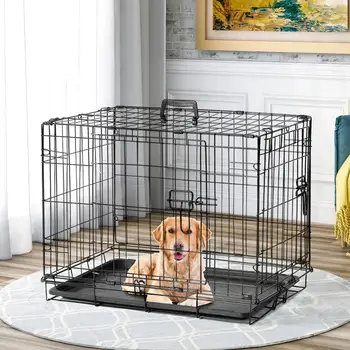

24-inch Metal Dog Playpen with Double Doors Folding Dog Kennel Cage Wire Mesh Pet Cage Crate for Puppy Cats Rabbits Small Dogs