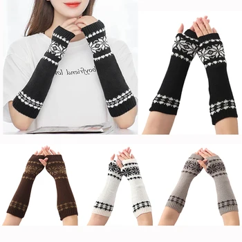 

Women Men Unisex Snowflake Pattern Jacquard Fingerless Gloves Winter Crochet Knit Arm Warmers Mittens with Thumbhole Gift