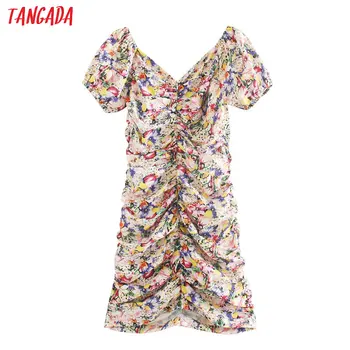 

Tangada summer women flowers print mini dress backless puff short sleeve ladies vintage short dress vestidos XN444