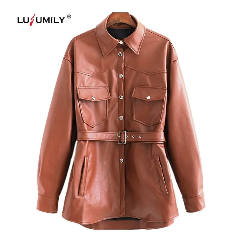 Коричневые куртки Lusumily из искусственной кожи женские пальто с отложным