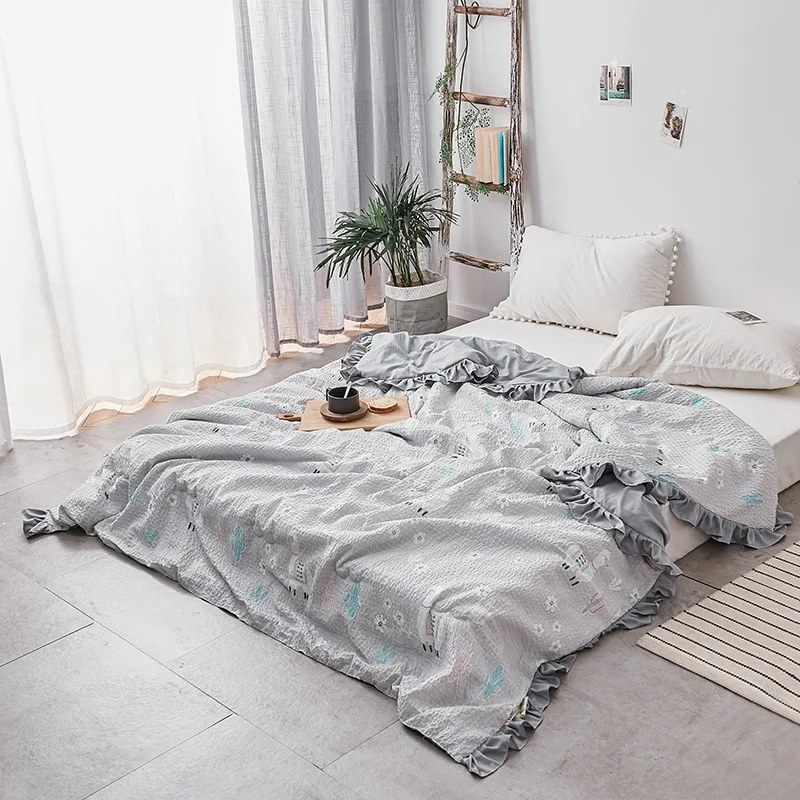 

Summer Bedding Seersucker Summer Cool Quilt Lotus Leaf Edge Reactive Printing Quilted Air Conditioner Quilt Small Fresh Style
