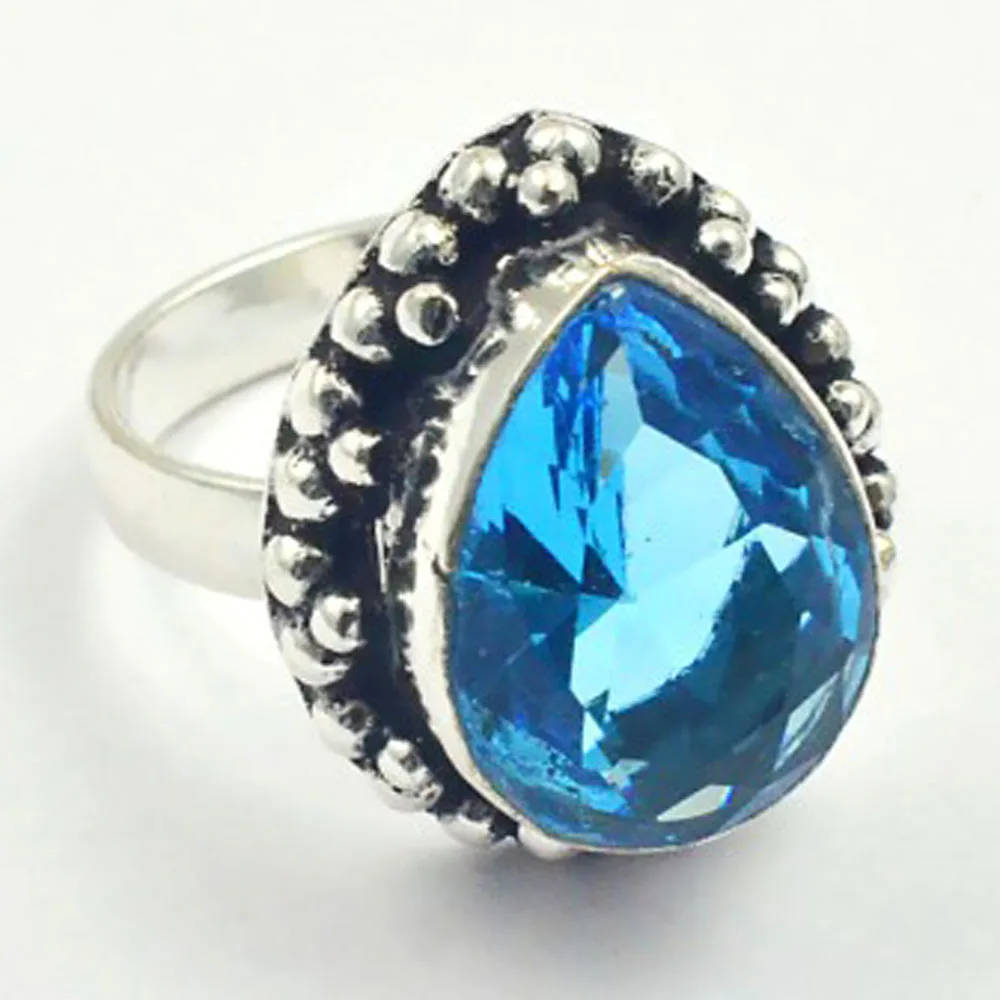 Blu Topas Anello Argento Overlay Su Rame, Formato: 7, R4452
