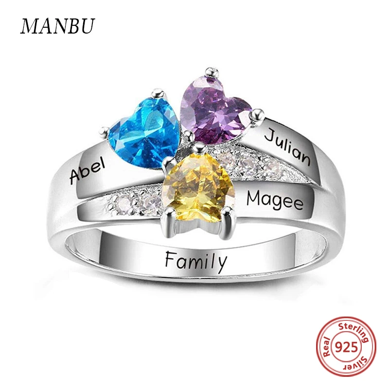 

Personalise sterling silver 925 Family Name Rings DIY Customize Engrave 3 Names and birthstone ring for women jewelry wholesale