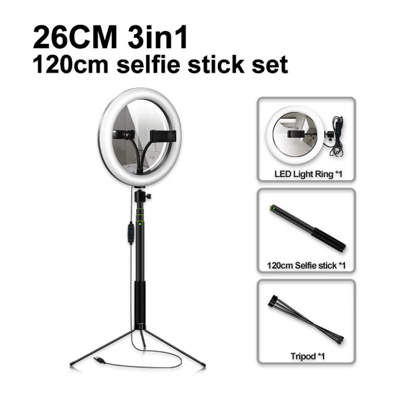 High Quality LED Ring Light 26cm With Double Side Mirror Photography Lights for Video Makeup Ring Lamp With Tripod Selfie Stick