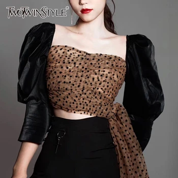 

TWOTWINSTYLE Vintage Patchwork Dot Women Shirt Square Collar Puff Three Quarter Sleeve Hit Color Asymmetrical Blouse Female Tide