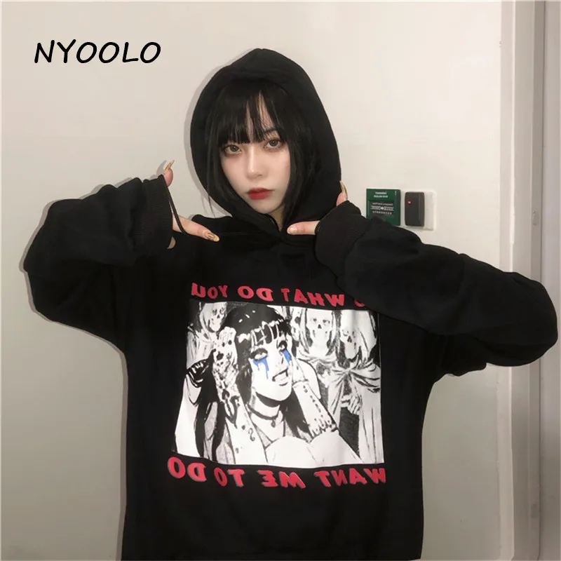 NYOOLO Harajuku с принтом комиксов и букв плюс бархатные теплые толстовки осень зима пуловер с длинным рукавом Толстовка с капюшоном для женщин и мужчин топы