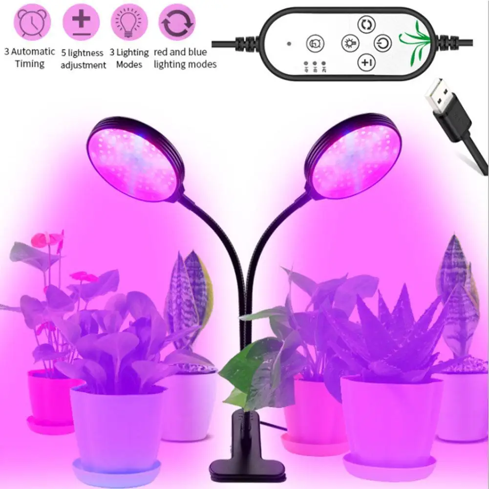 

LED Grow Light Dual Head Timing Plant Grow Lights for Indoor Plants with Red Blue Spectrum 5 Dimmable Levels 30W Phyto Lamp