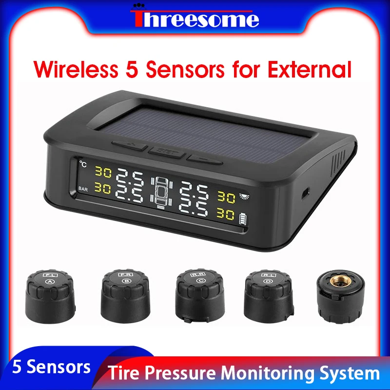 

Threesome TPMS 5 Tire sensors Pressure Alarm Monitor System tpms Display Externa Sensors Solar Charge Pressure Control Warning
