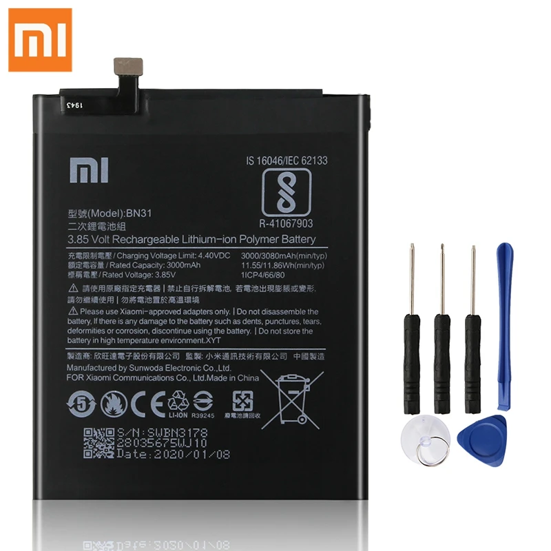

100% Original Xiaomi BN31 Replacement Battery For Xiaomi Mi 5X Mi5X Redmi Note 5A / Pro Mi A1 Redmi Y1 Lite S2 3000mAh