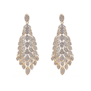 

XIUMEIYIZU Luxury Full Leaf Zircon Bead Dangle Earrings Gold-Color Copper Long Tassel Drop Earring Female Engagement Gift