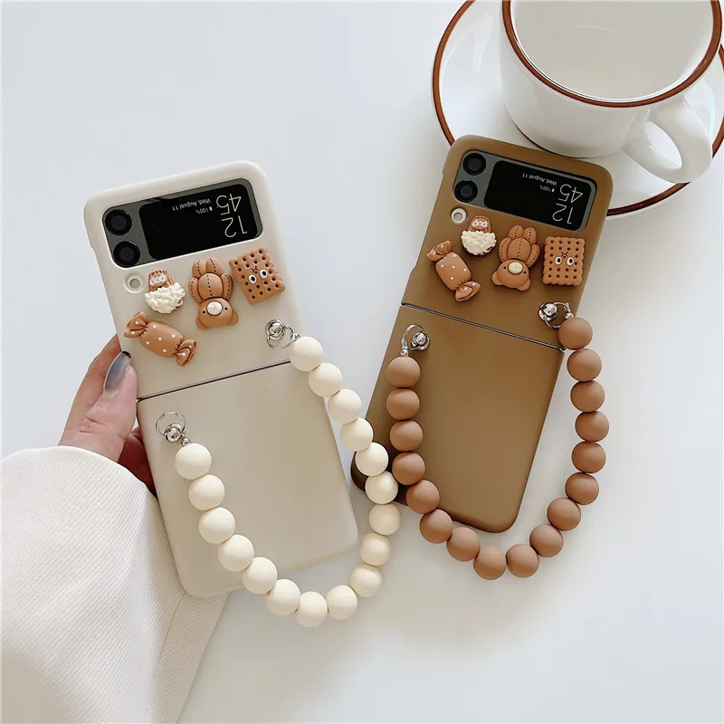 Korea Cute Cartoon 3D Doll Phone Cases For Samsung Galaxy Z Flip 3 Beaded Bracelet Cover Case for Flip3 ZFlip3 ZFlip | Мобильные