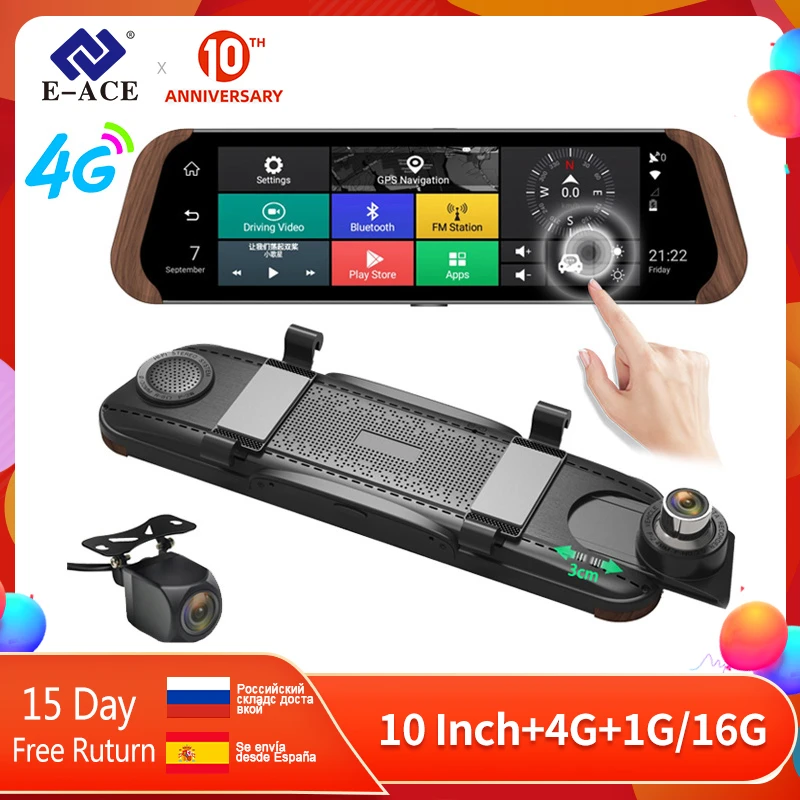 

E-ACE Car Dvr Stream RearView Mirror Camera 4G Android FHD 1080P 10 Inch Dual Lens ADAS Video Recorder Auto Registrar Dashcam