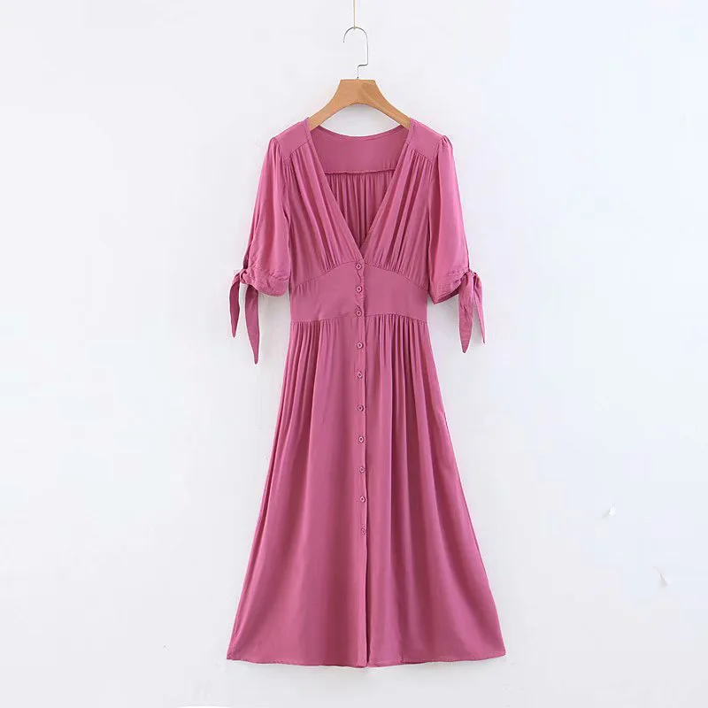 

B4691-Western Style WOMEN'S Dress 2019 Summer New Style Solid Color V-neck Cuff Lace-up Elegant Dress