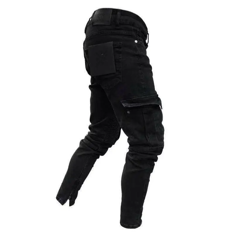 Новые модные мужские обтягивающие карго джинсы длинные брюки джинсовые армейские байкерские карманы стрейч рабочие брюки черные