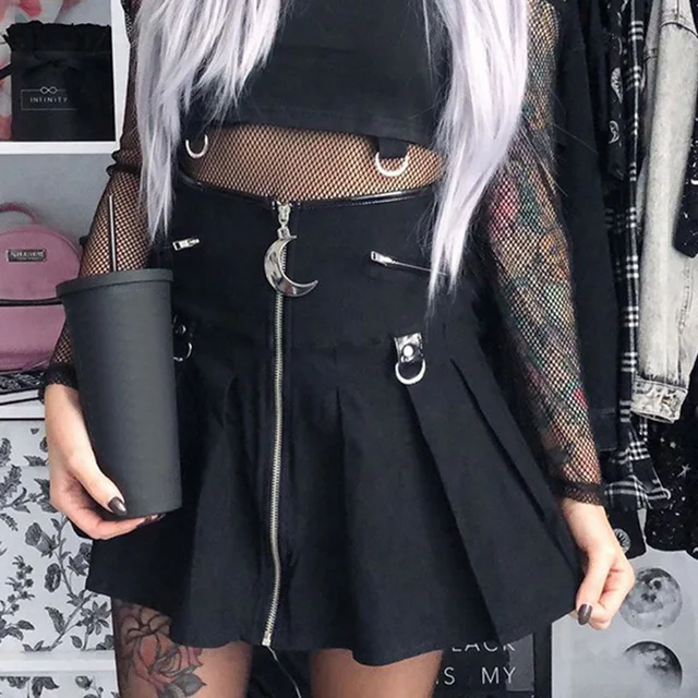 2019 Women Skirt Black Gothic Punk Locomotive Rock Heavy Metal Pleated  Skirt Wind Crescent Punk School Girl Zipper Skirt Gothic - AliExpress  Women's Clothing