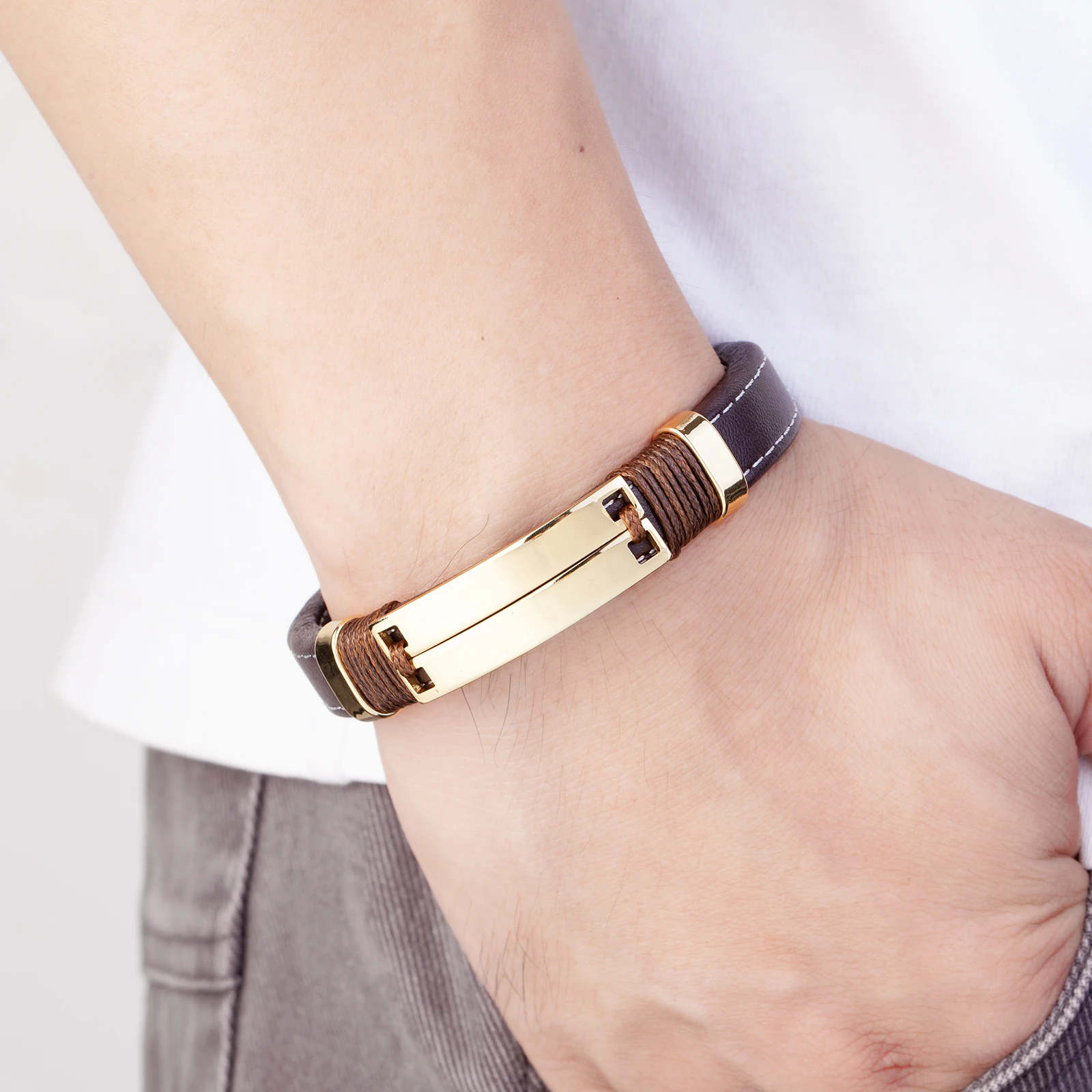 Double Row Stainless Steel Jewelry Unisex Punk Couple Bracelet Coffee Color Wide Leather Charm Brace bracelet jewelry