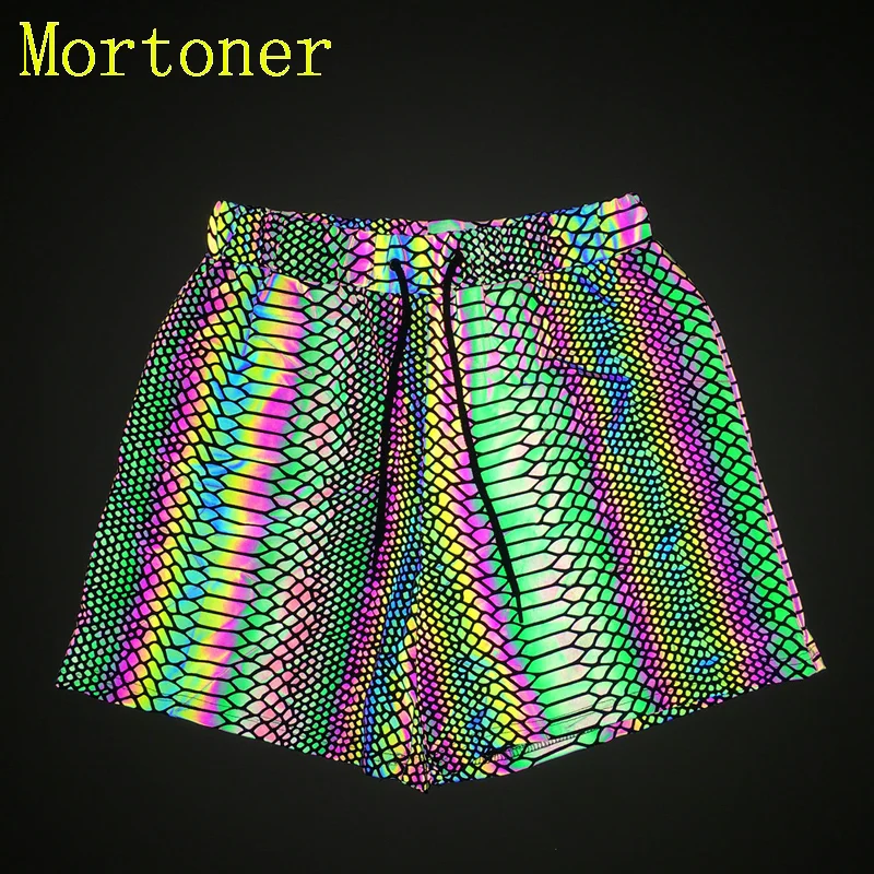 

MORTONER Shiny Snake Print Reflective Shorts Pants Men Hip Hop Night Run Streetwear Short Mens Rainbow Fluorescent Short Homme