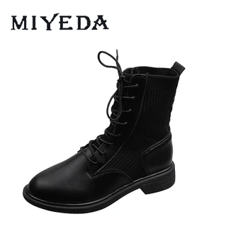 

Leather Boots Women Round Toe Lace-up Black Brown Woven Patchwork Lace-up Low Heel Soft Pu Non-slip Sole Female Casual Boots