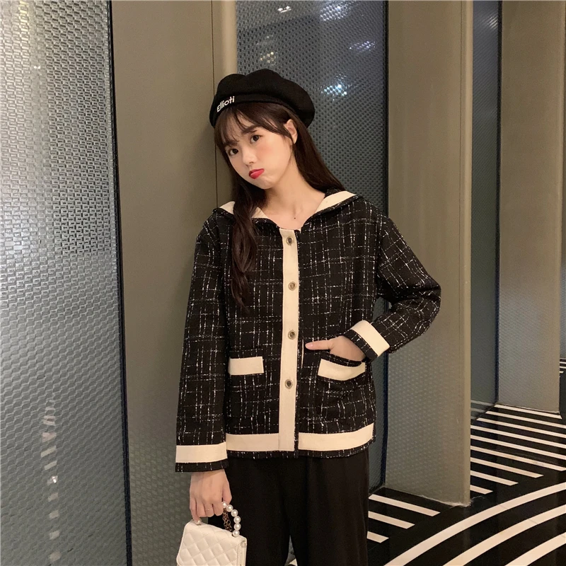 Чистая цена на фотосессию~#3285 плюс 5 сеть красный ветер темно-синий воротник изящный твид контрастный цвет свободный крой обрезанная Куртка Топы