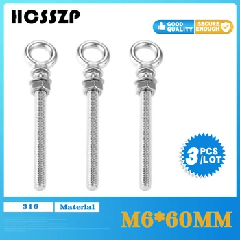 

M6*60mm 3 pcs Lifting Eye Bolts 316 Stainless Steel with Nuts Swing Eyebolts Ring Hook Bolt Screw Fasterners