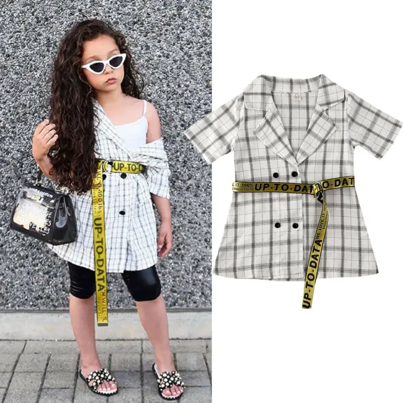 2019 New Fashion Waist Dress for Toddler Baby Girl long sleeve Bandage Clothes Plaids Checks Top T-shirt Blazer Shirt 1-5Y | Детская