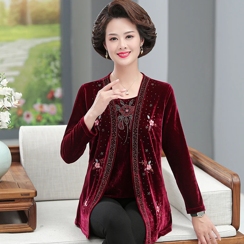 

2021 Women's Fake Two Pieces Embroidery Velour Blouse Tops Spring & Autumn Mother Gold Velvet Clothes Floral Tops Long Sleeved