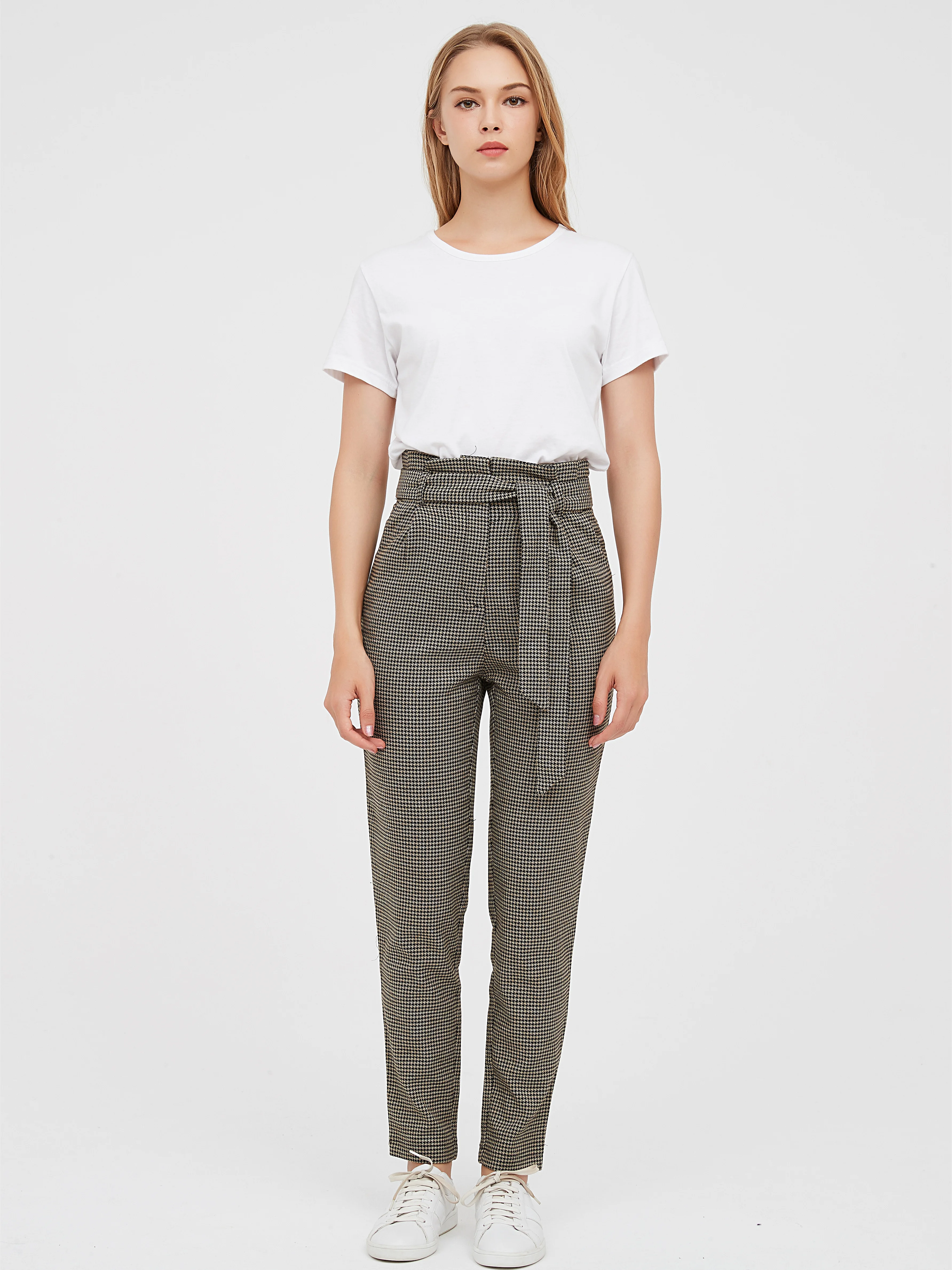 

Fashion Autumn Women Straight Pants Houndst OL High Waist Bow Tie Drawstring Pockets Ladies Casual Trousers TR Pants