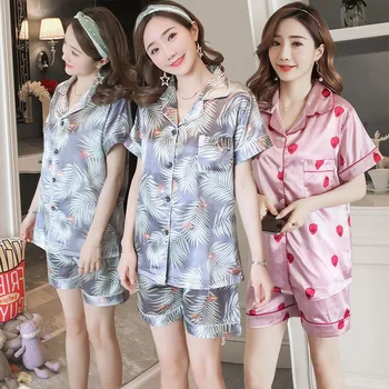 

Silk Satin Print Shorts Pajamas Sets for Women 2020 Summer Short Sleeve Sleepwear Femme Loungewear Homewear Pijama Mujer Clothes