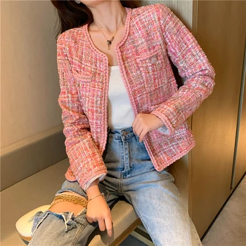 

CBAFU runway designer autumn winter tweed coat women short jacket long sleeve o neck pink wool outwear pocket korea style P642