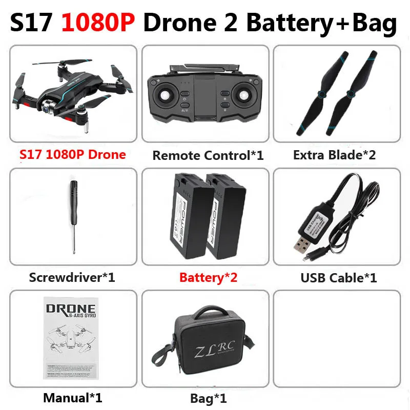 S5 S17 складной Дрон с 4K HD двойной камерой WiFi FPV Регулируемый Широкоугольный Радиоуправляемый вертолет Квадрокоптер детская игрушка VS SG106 SG901 - Цвет: S17 1080P 2B Bag