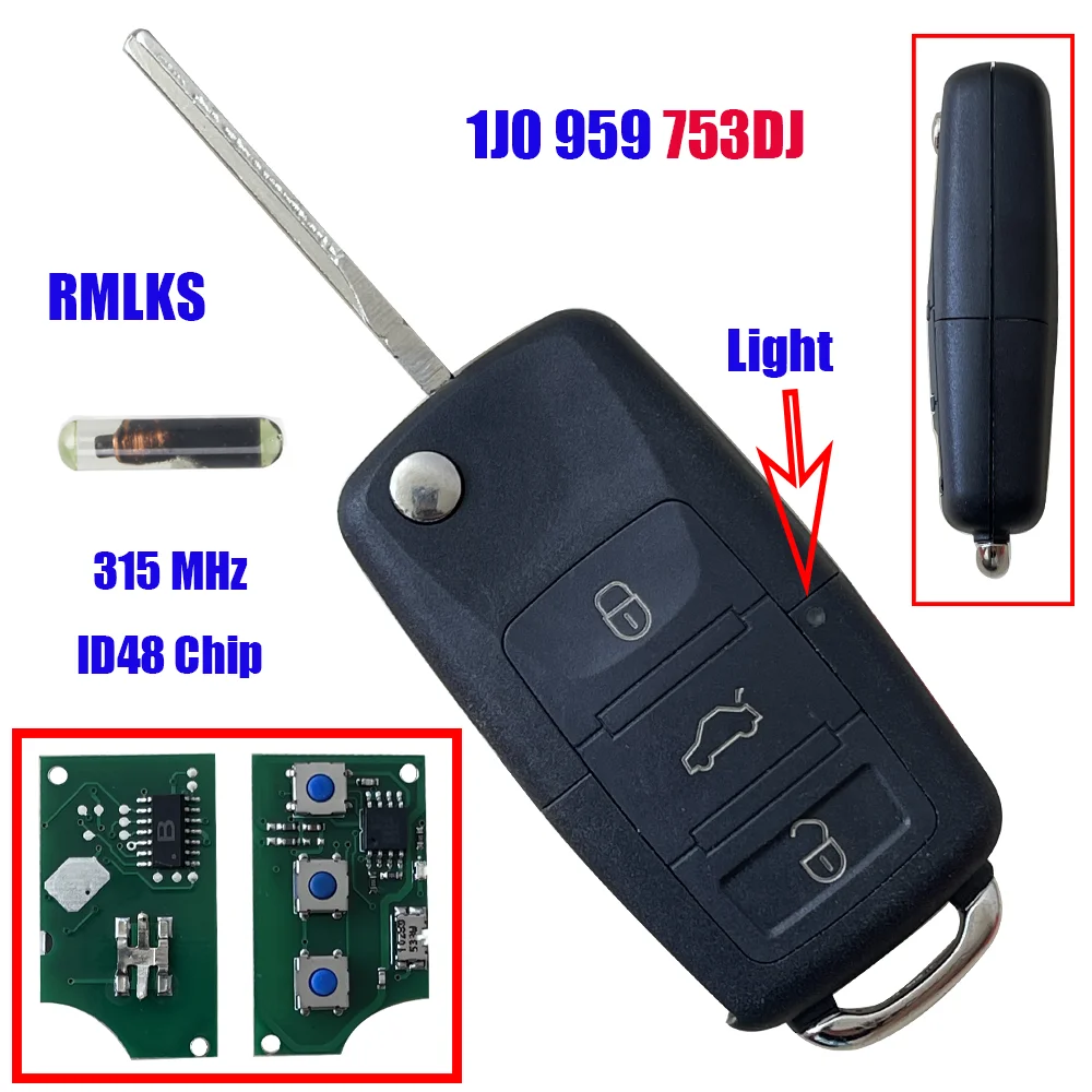 1J0959753DJ Remote Key suit for VW/VOLKSWAGEN 1J0 959 753 DJ Bora Golf Passat Sharan 315MHz ID48 Chip