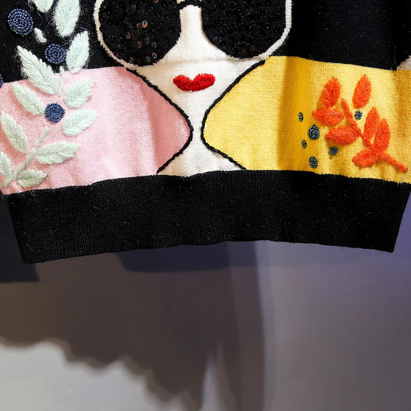 Высокое качество женский элегантный дизайн Красочный милый свитер Роскошный эластичный вязаный свитер с вышивкой бисером
