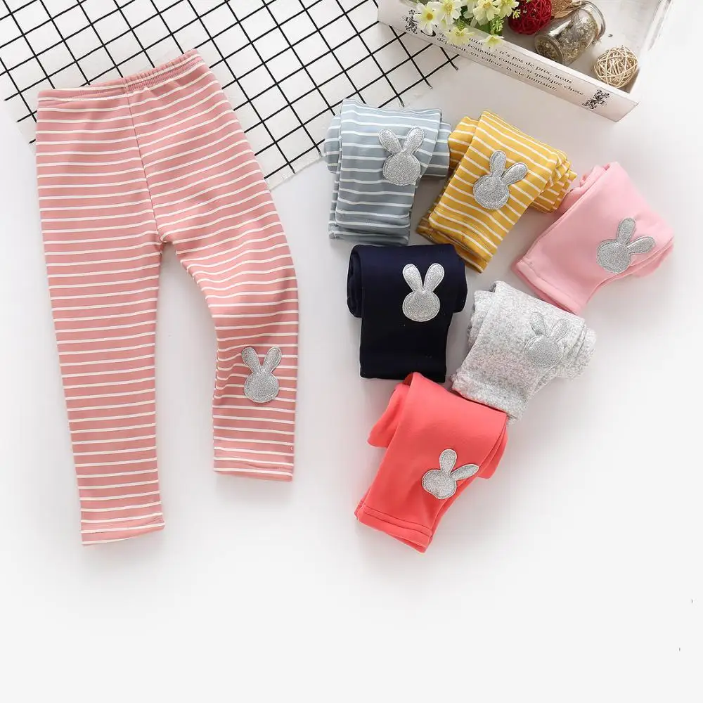 

New Fashion Stripe Girls Winter Warm Leggings Pants Candy Color Baby Kids Long Trousers Plus Velvet Leggins Pants Cute Rabbit