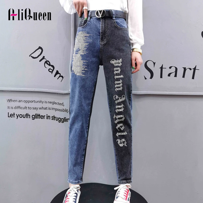 

Spring Clothes for Women Vintage AB Side Color Contrast Letter Pattern Paste Drill Jeans Woman Slim Ankle Length Pencil Pants