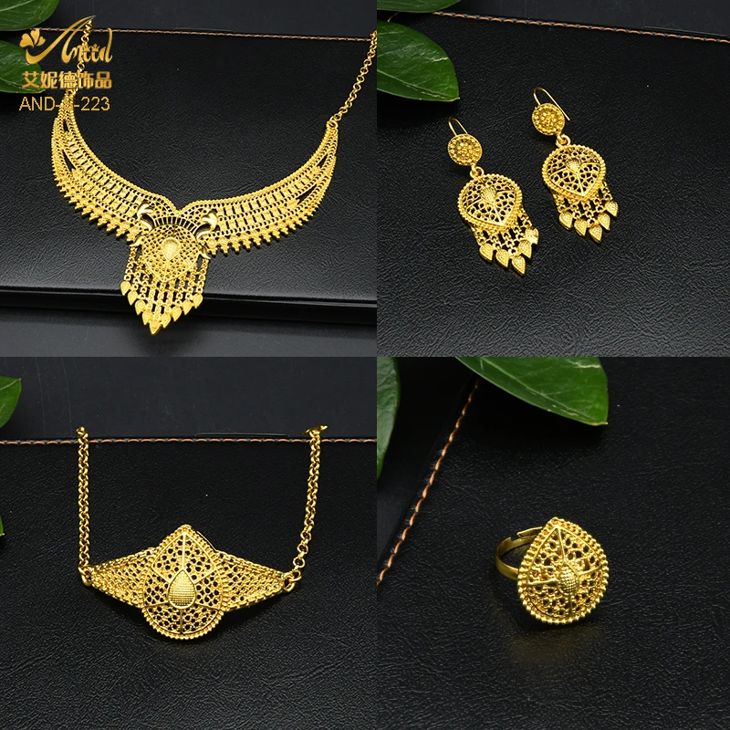 Indian Jewelry Set Wedding 24k Gold Color African Jewelry Dubai Bridal Sets Nigerian Necklace Bracelet Earring Gold Jewellery