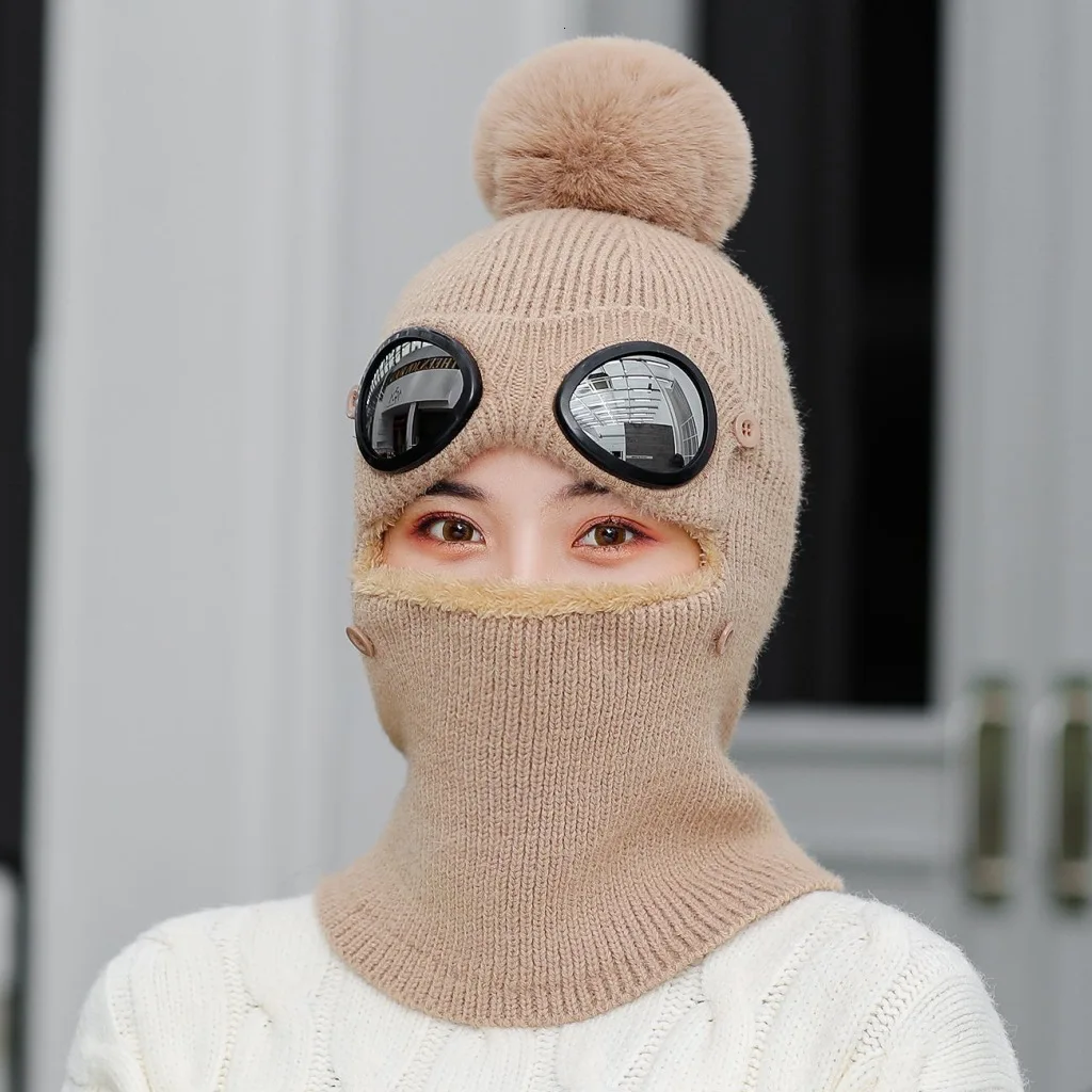 Зимняя вязаная шапка для женщин теплые шапочки Skullies Лыжная Шапка со Съемные очки для женщин и мужчин Кепка для занятий спортом на открытом воздухе