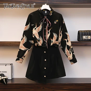 

TWOTWINSTYLE Asymmetrical Two Piece Sets Female Lapel Collar Lace Up Long Sleeve Print Blouse High Waist Ruched Skirt Suit Women