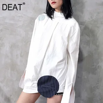 

DEAT 2020 New Spring Lapel Long Sleeve White Loose Big Size Striped Split Joint Big Size Shirt Women Blouse Fashion Tide Y63