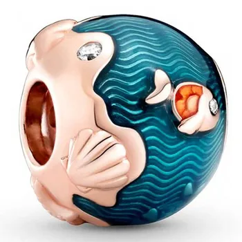 

New 925 Sterling Silver Bead Charm Blue Enamel Moments Rose Shimmering Ocean Waves & Fish Beads Fit Bracelet Diy Jewelry