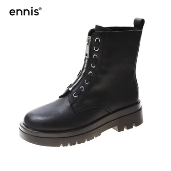

ENNIS Designer Front Zipper Boots Genuine Leather Women Martin Boots Round Toe Ladies Short Winter Boots Black Platform Shoe A7A